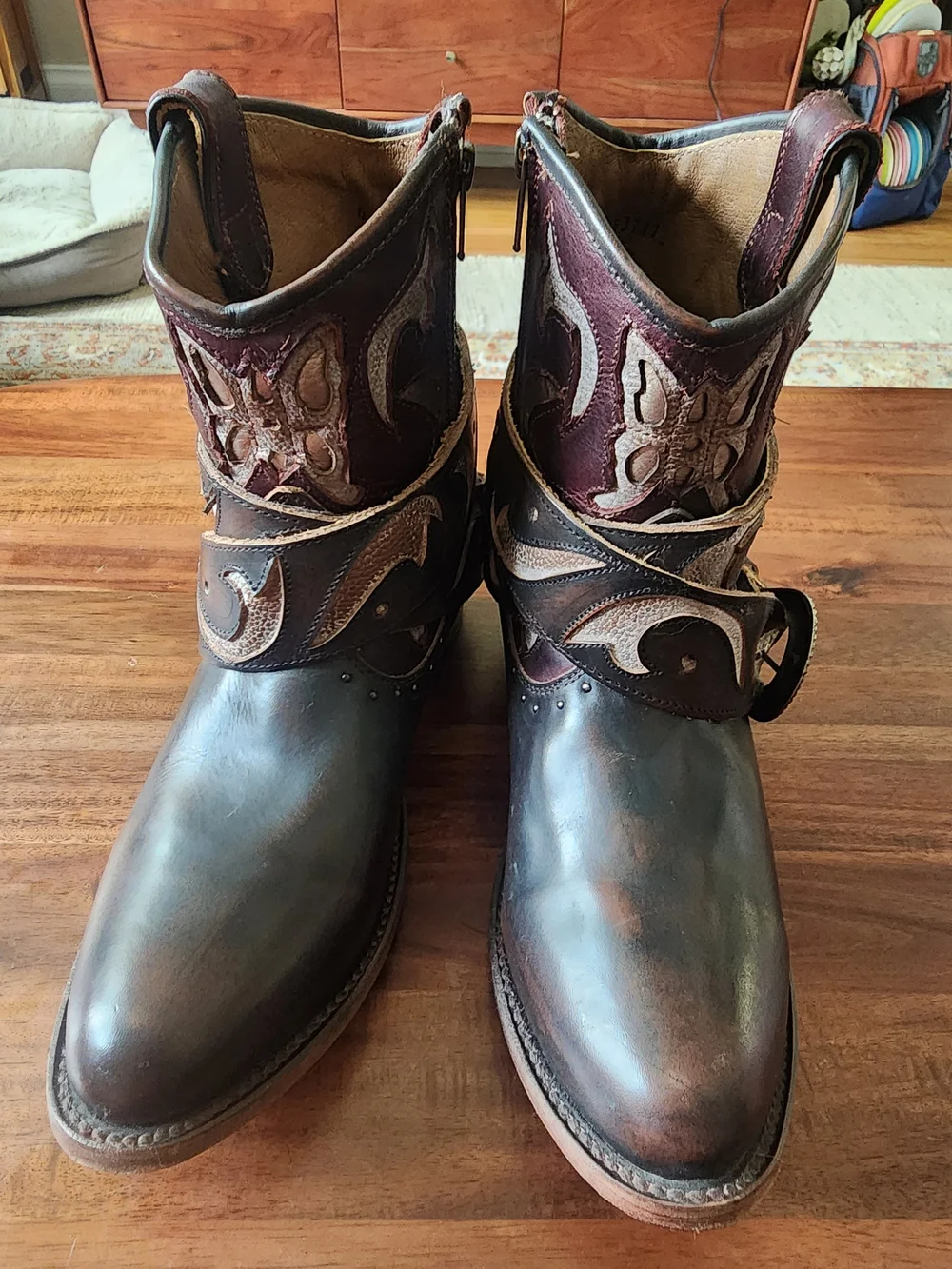 freebird Tash Brown Leather Western Ankle Boots with Distressed Tooled Accents